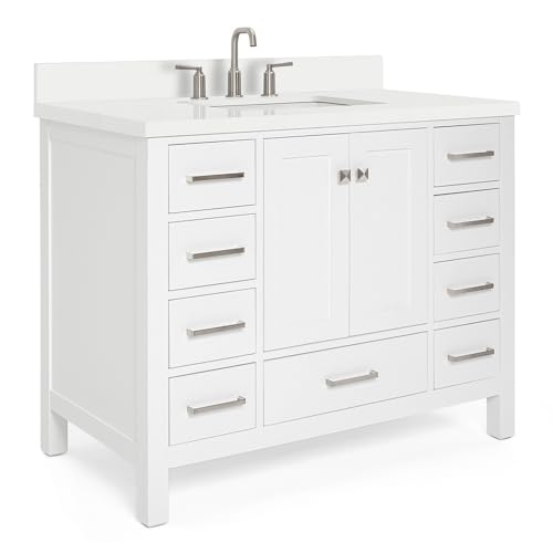 ARIEL Cambridge 43 Inch Bathroom Vanity, White Bathroom Vanity with Sink, Solid Wood Vanity Cabinet, White Quartz Countertop 1.5