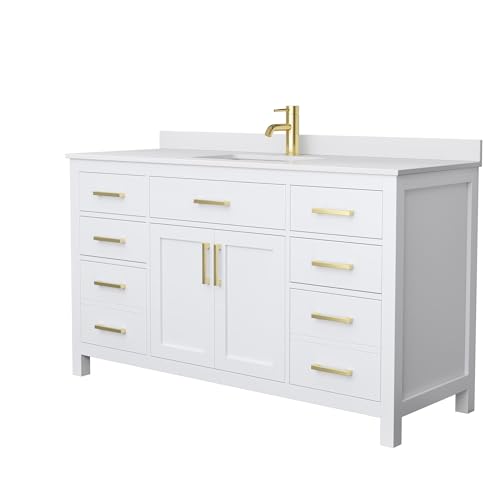Beckett 60 Inch Single Bathroom Vanity in White, White Cultured Marble Countertop, Undermount Square Sink, Brushed Gold Trim