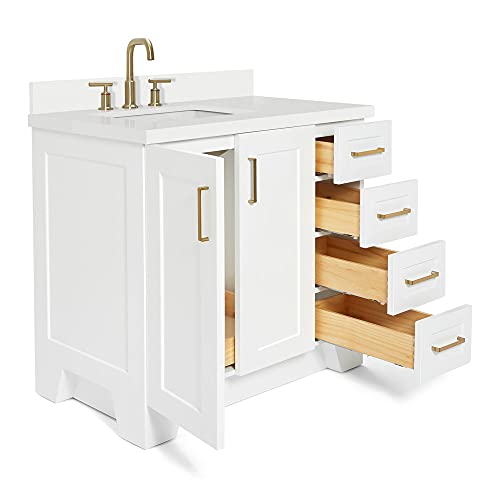 ARIEL Taylor 37 Inch White Bathroom Vanity with Sink, Solid Wood Bathroom Vanity Base Cabinet, White Quartz Countertop 1.5-Inch Edge, Left Rectangular Single Sink, 2 Soft Closing Doors, 5 Drawers