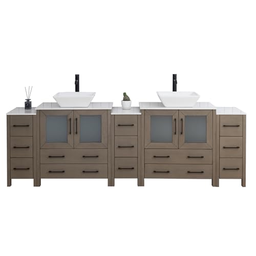 Vanity Art 96 Inch Vessel Double Sink Bathroom Vanity Cabinet with 2 Mirrors, Engineered Marble Top Bathroom Cabinet Compact Set with 13 Dovetail Drawers and Soft Closing Doors, VA3130-96DG