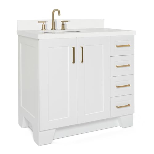 ARIEL Taylor 37 Inch White Bathroom Vanity with Sink, Solid Wood Bathroom Vanity Base Cabinet, White Quartz Countertop 1.5-Inch Edge, Left Rectangular Single Sink, 2 Soft Closing Doors, 5 Drawers