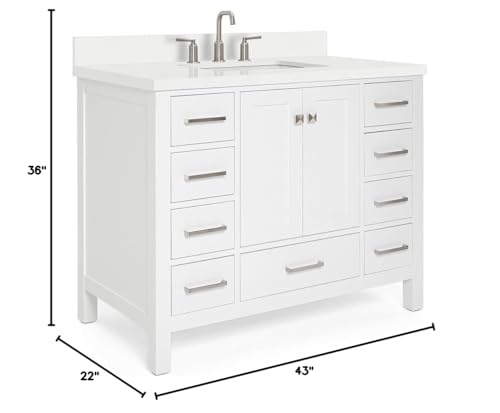 ARIEL Cambridge 43 Inch Bathroom Vanity, White Bathroom Vanity with Sink, Solid Wood Vanity Cabinet, White Quartz Countertop 1.5