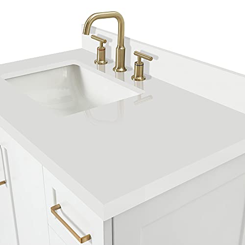 ARIEL Taylor 37 Inch White Bathroom Vanity with Sink, Solid Wood Bathroom Vanity Base Cabinet, White Quartz Countertop 1.5-Inch Edge, Left Rectangular Single Sink, 2 Soft Closing Doors, 5 Drawers