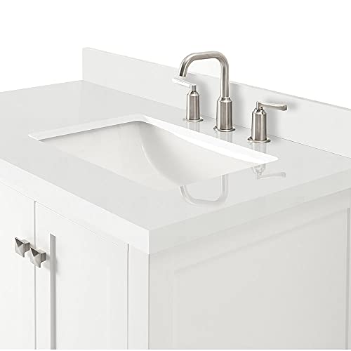 ARIEL Cambridge 37 Inch Bathroom Vanity with Sink, White Bathroom Vanity, Solid Wood Vanity Base Cabinet, White Quartz Top 1.5-Inch Edge, Right Rectangular Sink, 2 Soft Closing Doors, 5 Drawers