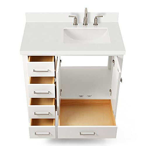 ARIEL Cambridge 37 Inch Bathroom Vanity with Sink, White Bathroom Vanity, Solid Wood Vanity Base Cabinet, White Quartz Top 1.5-Inch Edge, Right Rectangular Sink, 2 Soft Closing Doors, 5 Drawers