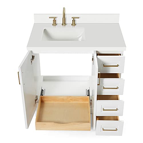 ARIEL Taylor 37 Inch White Bathroom Vanity with Sink, Solid Wood Bathroom Vanity Base Cabinet, White Quartz Countertop 1.5-Inch Edge, Left Rectangular Single Sink, 2 Soft Closing Doors, 5 Drawers