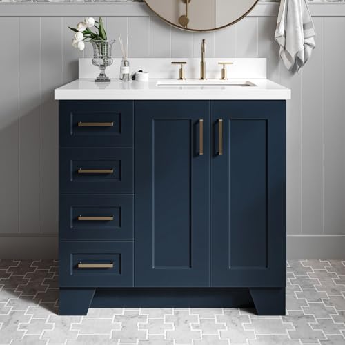 ARIEL Taylor 37 Inch Midnight Blue Bathroom Vanity with Sink, Solid Wood Bathroom Vanity Base Cabinet, White Quartz Countertop 1.5-Inch Edge, Right Rectangular Sink, 2 Soft Closing Doors, 5 Drawers