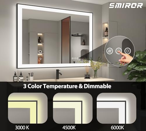 SMIROR Black LED Bathroom Mirror 44x32, Lighted Vanity Mirrors with Lights, Dimmable, Anti-Fog, Memory, Shatterproof (Real Front Lights + Backlit)