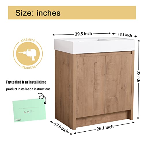 Malwee 30 Inch Freestanding Bathroom Vanity with Sink, 30'' Floor Standing Bathroom Vanity, Modern Vanity with 2 Doors and White Resin Basin Sink Top (036-30)