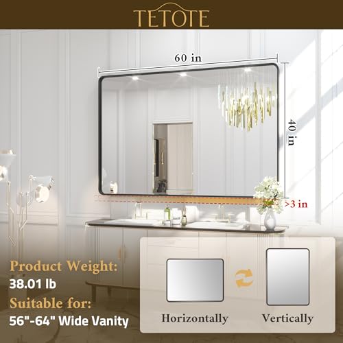 TETOTE 60 x 40 Inch Brushed Silver Bathroom Mirror, Bathroom Vanity Mirror, Modern Rectangle Round Corner Matte Framed Mirror (Horizontal/Vertical)