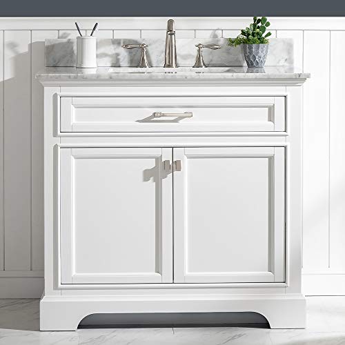 LUCA Kitchen & Bath LC36OWW Savanna 36” Single Bathroom Vanity Set in Pure White with Carrara Marble Countertop and Porcelain Sink