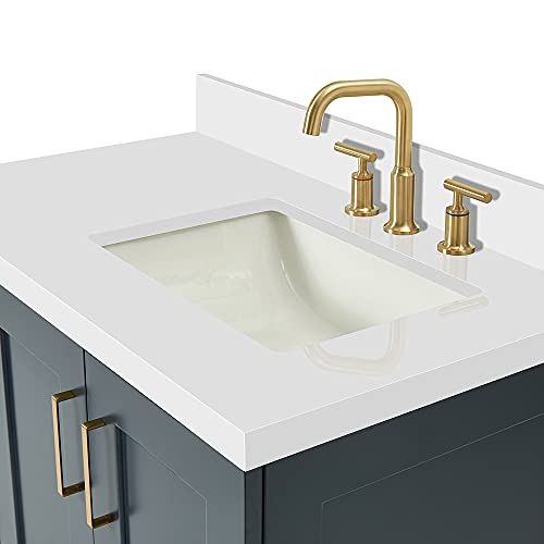 ARIEL Taylor 37 Inch Midnight Blue Bathroom Vanity with Sink, Solid Wood Bathroom Vanity Base Cabinet, White Quartz Countertop 1.5-Inch Edge, Right Rectangular Sink, 2 Soft Closing Doors, 5 Drawers