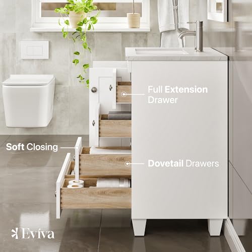 Eviva Happy 24 Inch Bathroom Vanity with Sink – White Vanity Bathroom with Carrara Quartz Countertop, Undermount Porcelain Sink Combo – Bathroom Sink Cabinet 24