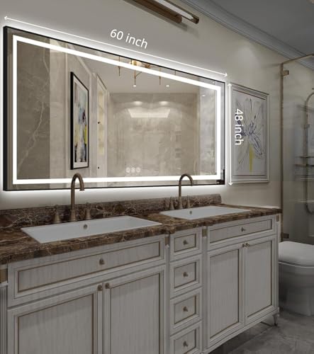 60x48 inch Black Framed LED Bathroom Mirror for Wall, LED Bathroom Mirror with Light for Vanity, Dimmable, Anti-Fog, 3 Colors, Shatterproof, ETL Listed, Hangs Horizontally or Vertically