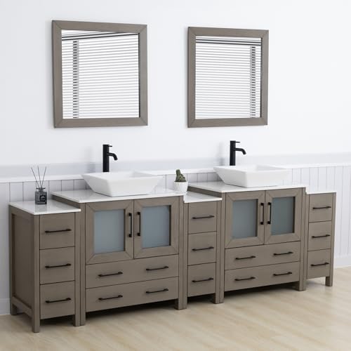 Vanity Art 96 Inch Vessel Double Sink Bathroom Vanity Cabinet with 2 Mirrors, Engineered Marble Top Bathroom Cabinet Compact Set with 13 Dovetail Drawers and Soft Closing Doors, VA3130-96DG