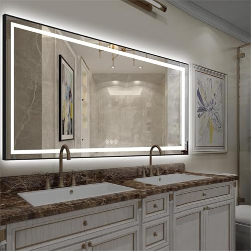 60x48 inch Black Framed LED Bathroom Mirror for Wall, LED Bathroom Mirror with Light for Vanity, Dimmable, Anti-Fog, 3 Colors, Shatterproof, ETL Listed, Hangs Horizontally or Vertically