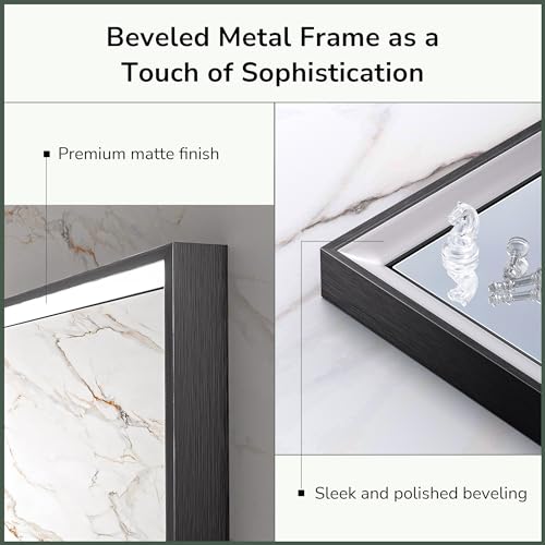 TokeShimi 60 x 36 Inch Black Large Bathroom Mirror LED Vanity Mirror with 45° Angled Beveled Light, 3 Colors, Anti-Fog,Aluminum Alloy Matte Frame, Memory Funtion Stepless Dimmable for Modern Decor