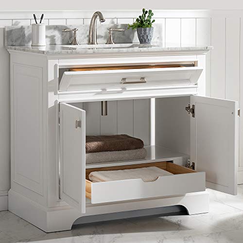 LUCA Kitchen & Bath LC36OWW Savanna 36” Single Bathroom Vanity Set in Pure White with Carrara Marble Countertop and Porcelain Sink