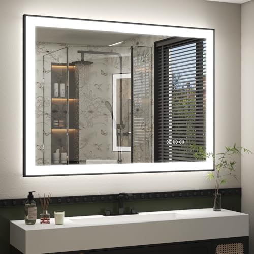 SMIROR Black LED Bathroom Mirror 44x32, Lighted Vanity Mirrors with Lights, Dimmable, Anti-Fog, Memory, Shatterproof (Real Front Lights + Backlit)