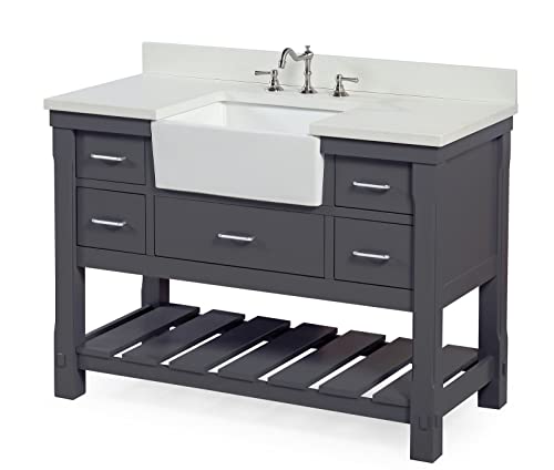 Charlotte 48-inch Farmhouse Bathroom Vanity (Quartz/Marine Gray): Includes Marine Gray Cabinet with Stunning Quartz Countertop and White Ceramic Apron Sink