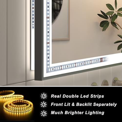 SMIROR Black LED Bathroom Mirror 44x32, Lighted Vanity Mirrors with Lights, Dimmable, Anti-Fog, Memory, Shatterproof (Real Front Lights + Backlit)