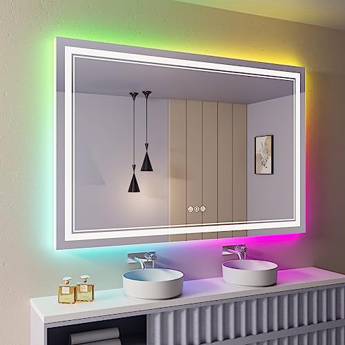 ISTRIPMF 60x40 Inch RGB LED Bathroom Mirror with Lights, Color Changing RGB Backlit LED Mirror for Bathroom,Lighted Vanity Mirrors for Bathroom Wall, Dimmable, Anti-Fog (RGB Backlit+Front-Lit)
