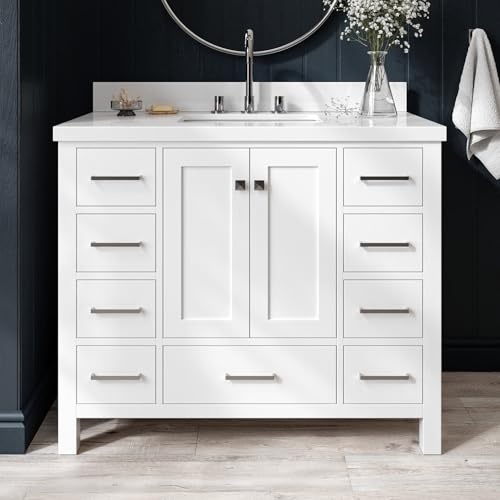 ARIEL Cambridge 43 Inch Bathroom Vanity, White Bathroom Vanity with Sink, Solid Wood Vanity Cabinet, White Quartz Countertop 1.5