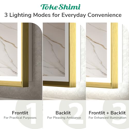 TokeShimi 48x36 Inch Light up Bathroom Mirror for Vanity with Backlit and Frontlit Gold Aluminum Rectangle Frame Beveled Edge Tricolors Stepless Dimmable Anti-Fog Memory Function for Wall Decor