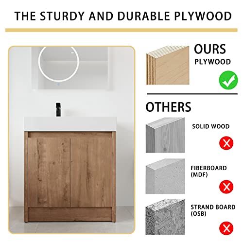 Malwee 30 Inch Freestanding Bathroom Vanity with Sink, 30'' Floor Standing Bathroom Vanity, Modern Vanity with 2 Doors and White Resin Basin Sink Top (036-30)