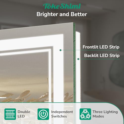 TokeShimi 48x40 LED Bathroom Mirror with Lights,Anti-Fog Light Up Mirror for Bathroom,Dimmable 3-Color Lights,Separate Control Frontlit & Backlit,CRI90+,UL Listed Driver,Memory Function,Shattproof