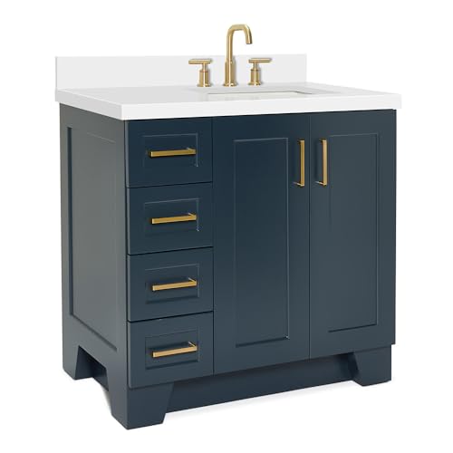 ARIEL Taylor 37 Inch Midnight Blue Bathroom Vanity with Sink, Solid Wood Bathroom Vanity Base Cabinet, White Quartz Countertop 1.5-Inch Edge, Right Rectangular Sink, 2 Soft Closing Doors, 5 Drawers