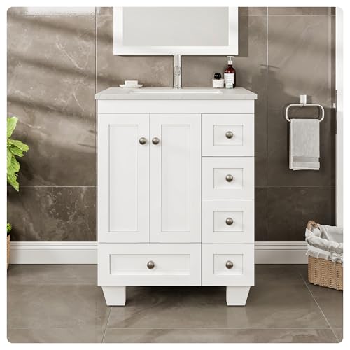 Eviva Happy 24 Inch Bathroom Vanity with Sink – White Vanity Bathroom with Carrara Quartz Countertop, Undermount Porcelain Sink Combo – Bathroom Sink Cabinet 24