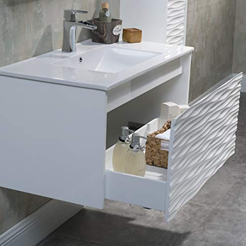 BLOSSOM 36 Inch White Bathroom Vanity with Sink, All Wood Floating Bathroom Vanity with Sink 36 Inch, Mirror, 12 Inch Side Cabinet