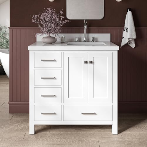 ARIEL Cambridge 37 Inch Bathroom Vanity with Sink, White Bathroom Vanity, Solid Wood Vanity Base Cabinet, White Quartz Top 1.5-Inch Edge, Right Rectangular Sink, 2 Soft Closing Doors, 5 Drawers
