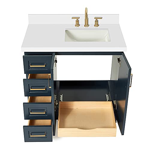 ARIEL Taylor 37 Inch Midnight Blue Bathroom Vanity with Sink, Solid Wood Bathroom Vanity Base Cabinet, White Quartz Countertop 1.5-Inch Edge, Right Rectangular Sink, 2 Soft Closing Doors, 5 Drawers