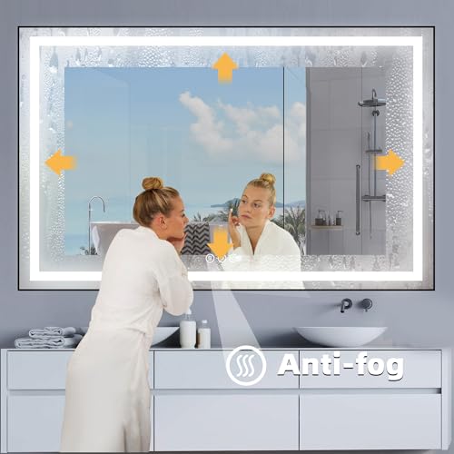 60x48 inch Black Framed LED Bathroom Mirror for Wall, LED Bathroom Mirror with Light for Vanity, Dimmable, Anti-Fog, 3 Colors, Shatterproof, ETL Listed, Hangs Horizontally or Vertically
