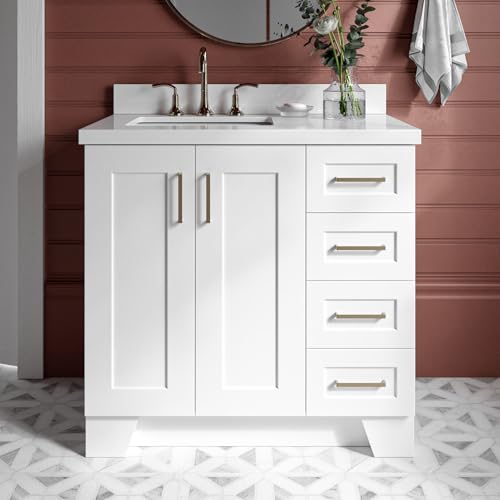 ARIEL Taylor 37 Inch White Bathroom Vanity with Sink, Solid Wood Bathroom Vanity Base Cabinet, White Quartz Countertop 1.5-Inch Edge, Left Rectangular Single Sink, 2 Soft Closing Doors, 5 Drawers
