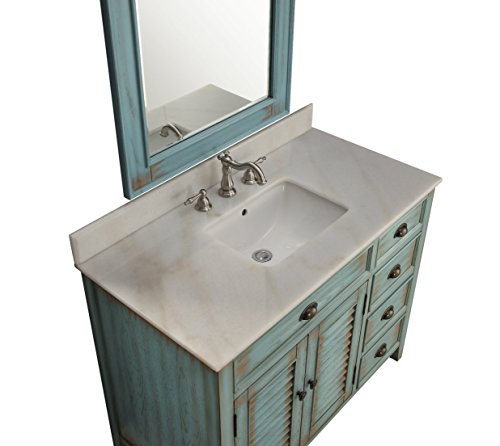 Benton Collection 42-Inch Abbeville Farmhouse Rustic Light Blue Bathroom Vanity, Single Sink with Shutter Door Design, White Marble Stone Top, Undermount Porcelain Sink, and Fully Assembled