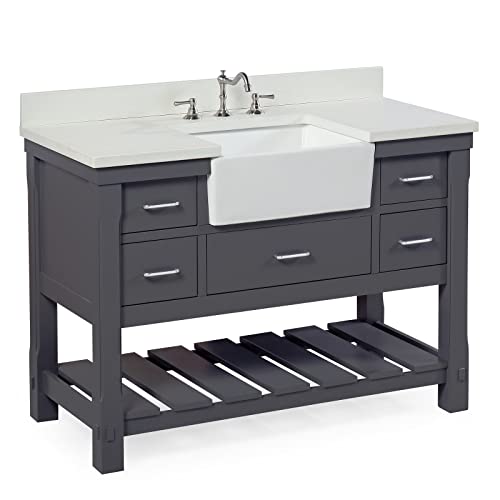 Charlotte 48-inch Farmhouse Bathroom Vanity (Quartz/Marine Gray): Includes Marine Gray Cabinet with Stunning Quartz Countertop and White Ceramic Apron Sink