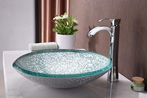 ANZZI Arc Series Tempered Glass Vessel Bowl Sink in Clear Glass | Top Mount Bathroom Sinks Above Counter | Round Vanity Countertop Sink Bowl with Pop Up Drain | LS-AZ208