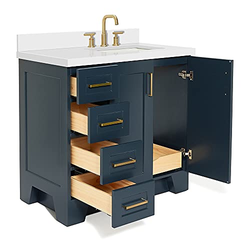 ARIEL Taylor 37 Inch Midnight Blue Bathroom Vanity with Sink, Solid Wood Bathroom Vanity Base Cabinet, White Quartz Countertop 1.5-Inch Edge, Right Rectangular Sink, 2 Soft Closing Doors, 5 Drawers