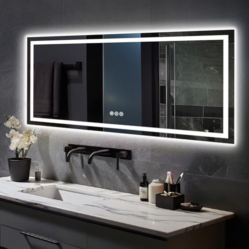 FURNIFIXTURE 60x28 Inch LED Bathroom Mirror - Lighted Vanity Mirror for Wall with Front and Backlit, Anti-Fog, Shatter-Proof, 3 Color Temperatures, Memory, Stepless Dimmable, Horizontal/Vertical,