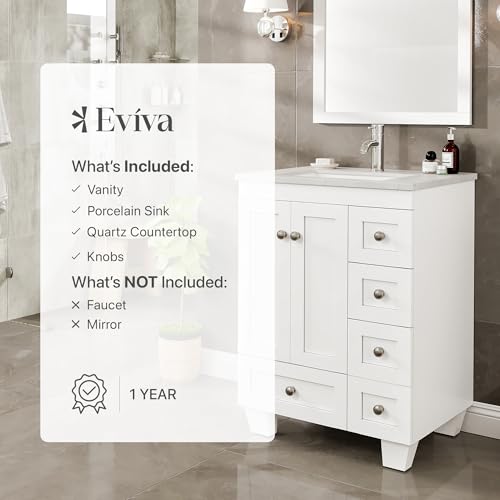 Eviva Happy 24 Inch Bathroom Vanity with Sink – White Vanity Bathroom with Carrara Quartz Countertop, Undermount Porcelain Sink Combo – Bathroom Sink Cabinet 24