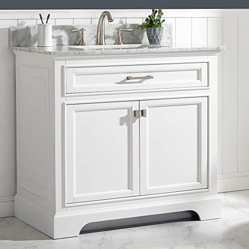 LUCA Kitchen & Bath LC36OWW Savanna 36” Single Bathroom Vanity Set in Pure White with Carrara Marble Countertop and Porcelain Sink