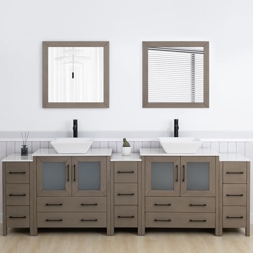 Vanity Art 96 Inch Vessel Double Sink Bathroom Vanity Cabinet with 2 Mirrors, Engineered Marble Top Bathroom Cabinet Compact Set with 13 Dovetail Drawers and Soft Closing Doors, VA3130-96DG