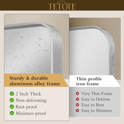 TETOTE 60 x 40 Inch Brushed Silver Bathroom Mirror, Bathroom Vanity Mirror, Modern Rectangle Round Corner Matte Framed Mirror (Horizontal/Vertical)