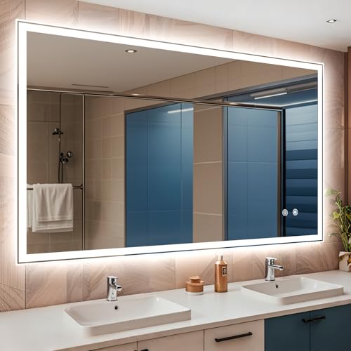 LED Bathroom Mirror, 60 X36 Dual Backlit & Front Lit Anti-Fog, Dimmable led Mirror for Bathroom, Bathroom Mirror with Lights Wall-Mounted Vanity Mirror