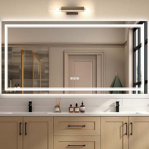 TIFULLHOME 72x32 Led Mirror for Bathroom, Anti-Fog Front and Backlit Mirror, Lighted Bathroom Mirror Insert Lights, Tempered Glass, Dimmable, 3 Colors, Anti-Fog Bathroom Vanity Mirror