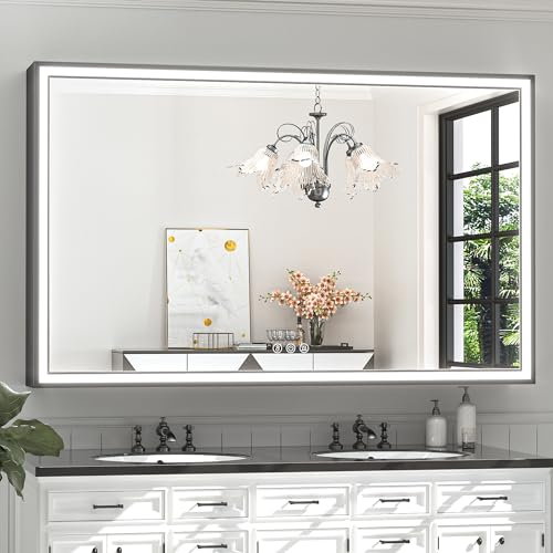 TokeShimi 60 x 36 Inch Black Large Bathroom Mirror LED Vanity Mirror with 45° Angled Beveled Light, 3 Colors, Anti-Fog,Aluminum Alloy Matte Frame, Memory Funtion Stepless Dimmable for Modern Decor