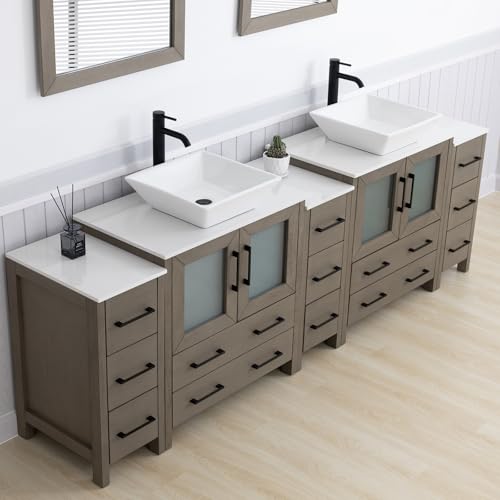 Vanity Art 96 Inch Vessel Double Sink Bathroom Vanity Cabinet with 2 Mirrors, Engineered Marble Top Bathroom Cabinet Compact Set with 13 Dovetail Drawers and Soft Closing Doors, VA3130-96DG